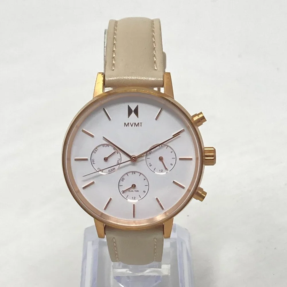 MVMT Nova Luna Women Watch 37mm Rose Gold Tone Dual Time Day Leather New Battery